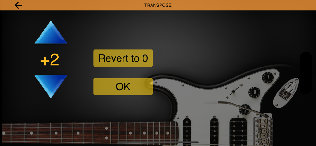 Guitar Riff - Play by Ear - Interfaz de la aplicación Guitar Riff que muestra la pantalla de configuración de transporte con un fondo de guitarra eléctrica