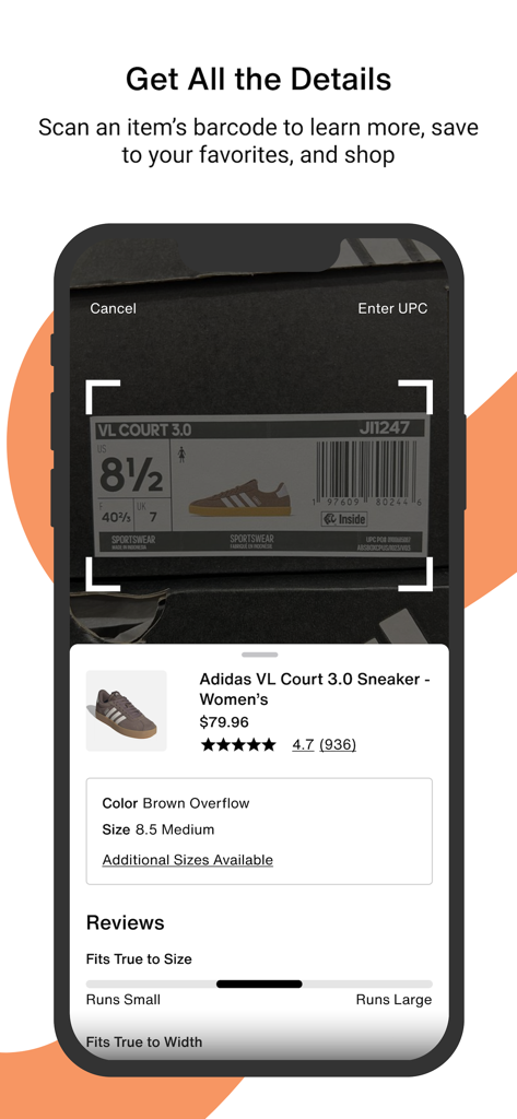 DSW Designer Shoe Warehouse - A smartphone showing the DSW app barcode scanner identifying an Adidas sneaker box and displaying product details and customer reviews.