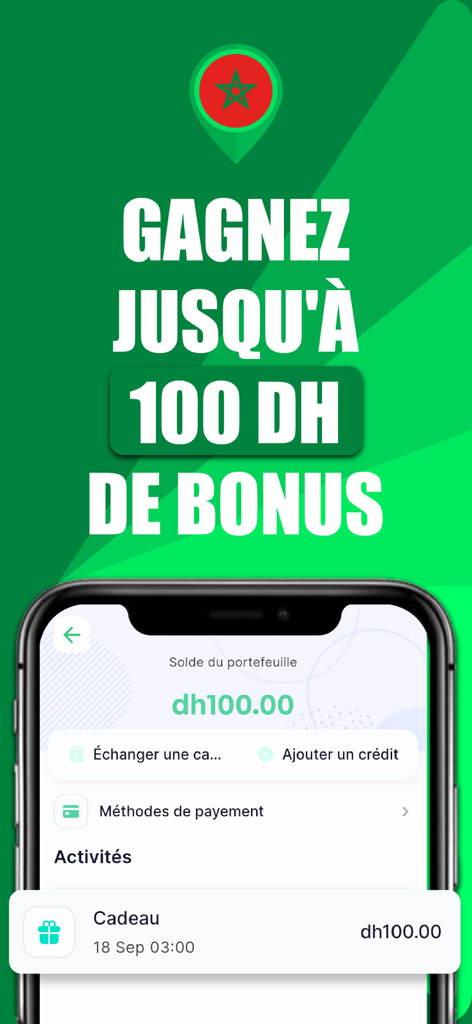 inToura: Taxi VTC Morocco - Smartphone screen displaying a 100 DH bonus offer in the inToura taxi and VTC app for Morocco.