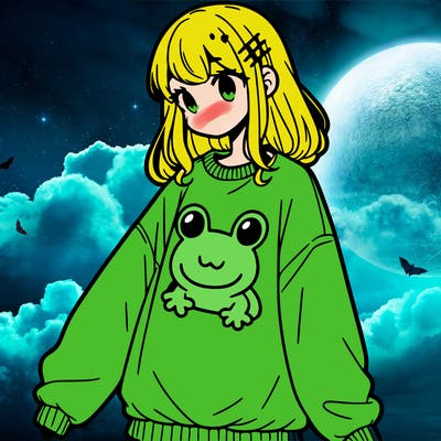 girl wearing frogging sweatshirt