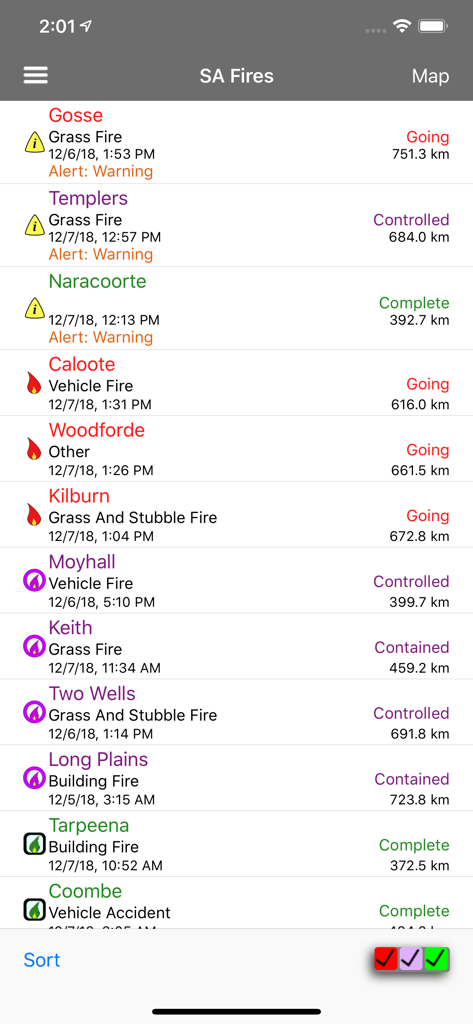 SA Fires - A list of current fire and emergency incidents in South Australia showing status, location type, and distance from the user.