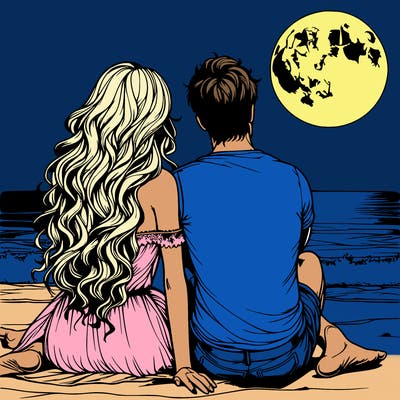 realistic couple on beach sat looking out to sea under the moon woman has long wavy hair man has short hair