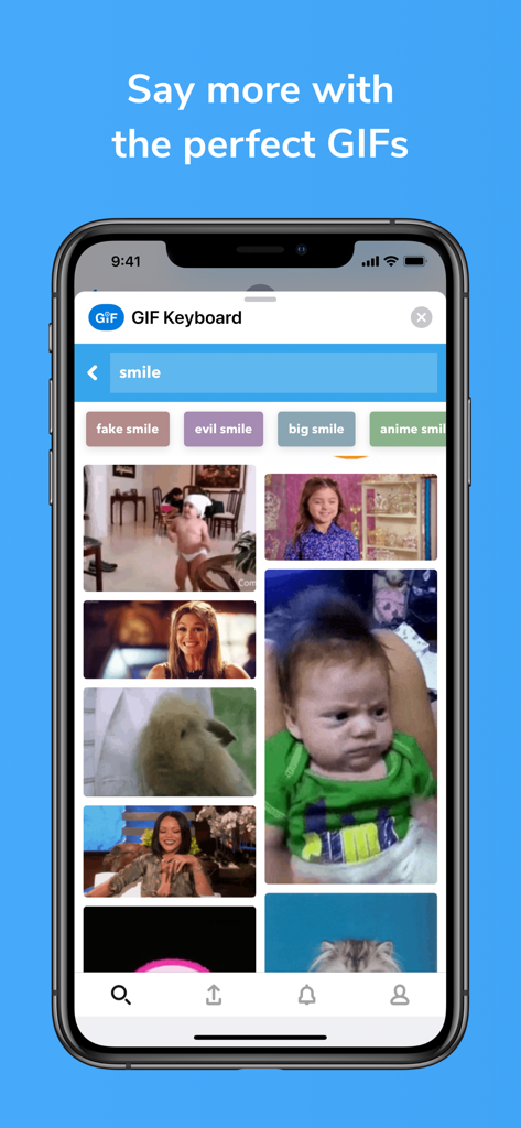 Um screenshot do aplicativo Teclado de GIFs no iPhone mostrando resultados de pesquisa para o termo 'smile' com vários GIFs de reação animados.