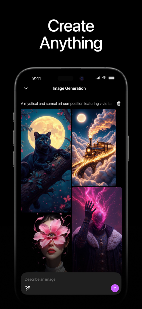 Interface de l'application Flux Kontext AI montrant des images d'art surréaliste générées et un champ d'invite