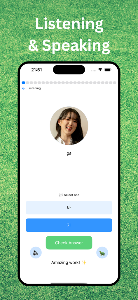 A screenshot of the HangulTree app showing a Korean listening and speaking exercise where the user correctly identifies the character ga