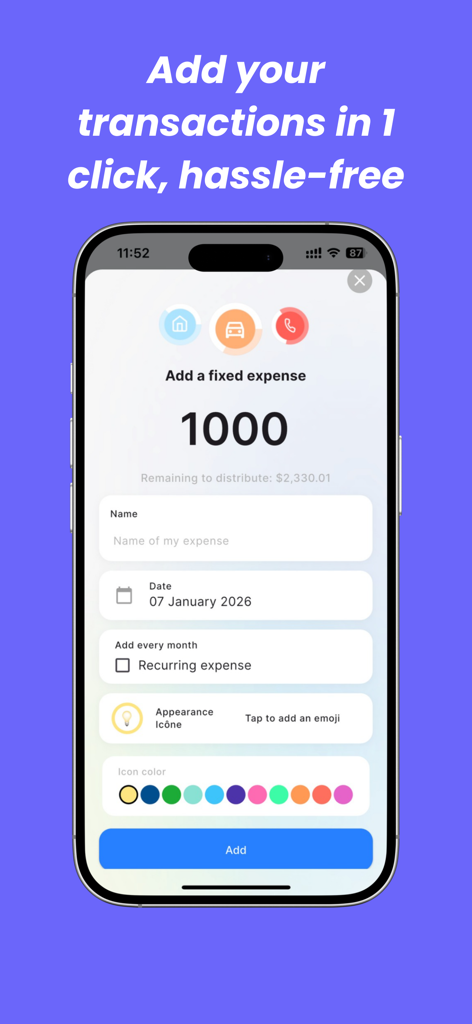 The Finzee app screen for adding a fixed budget expense with customizable icons and recurring settings
