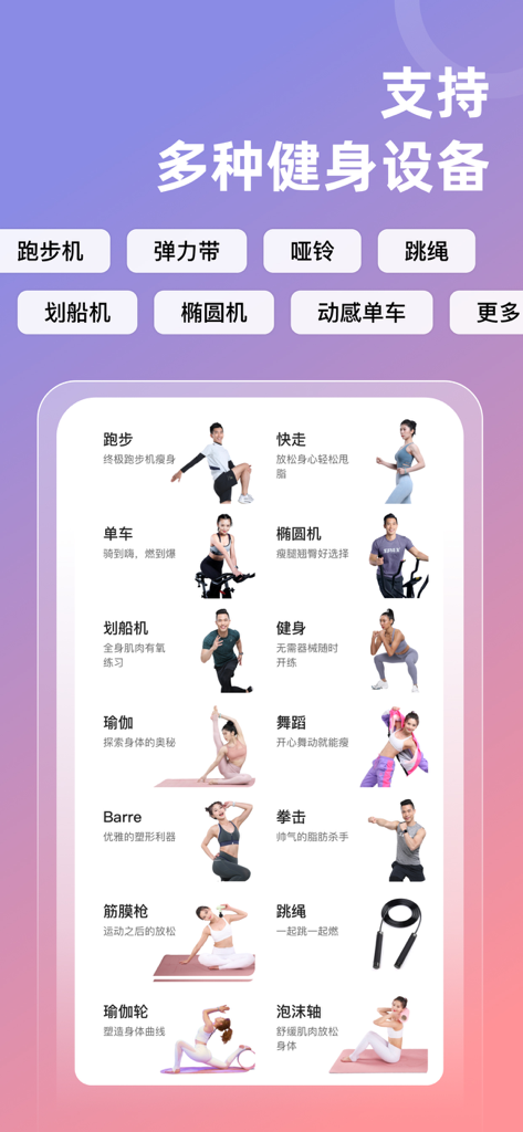 Interface of SPAX app showcasing compatibility with various home fitness equipment and workout types