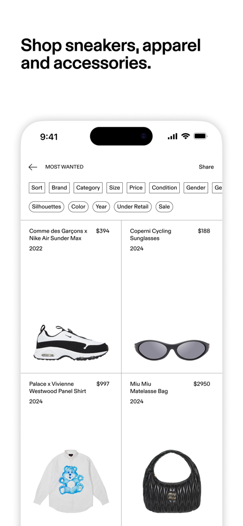 The GOAT app interface showing a curated list of luxury sneakers apparel and accessories