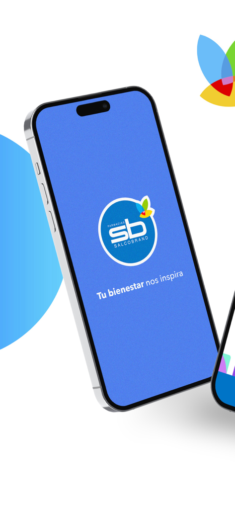 Salcobrand - Salcobrand Apotheken-App-Startbildschirm mit dem Firmenlogo und Slogan auf blauem Hintergrund