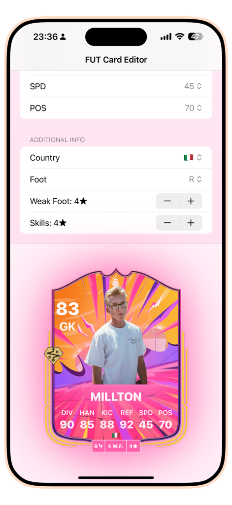 FUT FC 26: Soccer Card Creator - Ein mobiler Bildschirm, der den FUT Card Editor mit einstellbaren Spielerstatistiken und einer Vorschau einer benutzerdefinierten Torwartkarte zeigt.