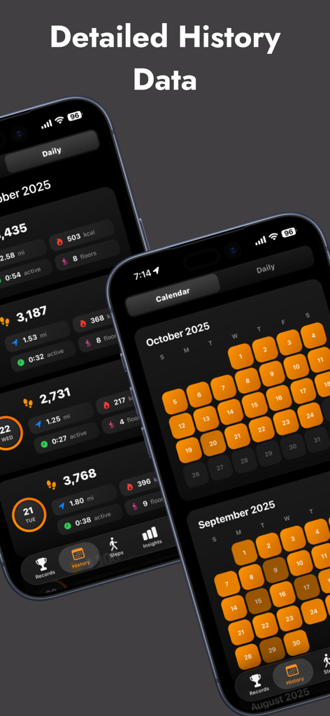 Interface Steps App montrant les journaux d'activité quotidiens détaillés et les cartes thermiques mensuelles du calendrier sur un iPhone.