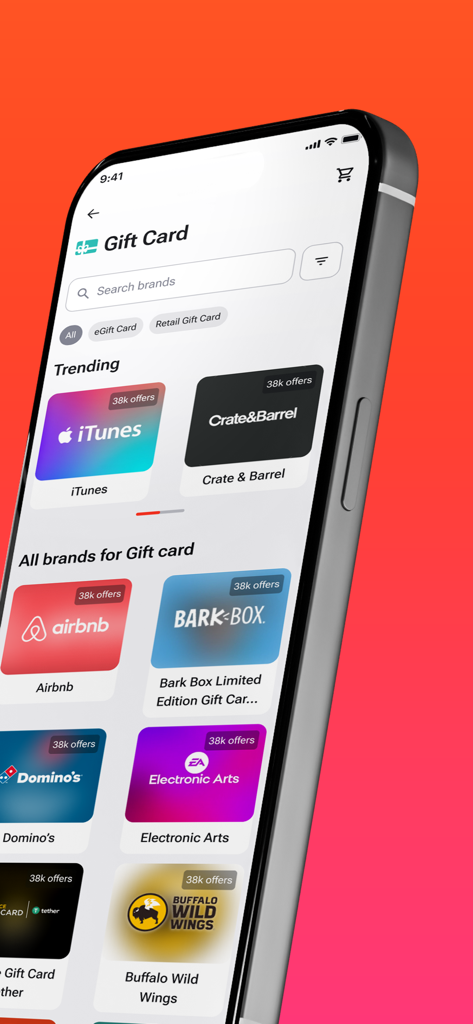 Oberfläche der G2G-App, die verschiedene Geschenkkartenangebote für Marken wie iTunes, Airbnb und Electronic Arts anzeigt.