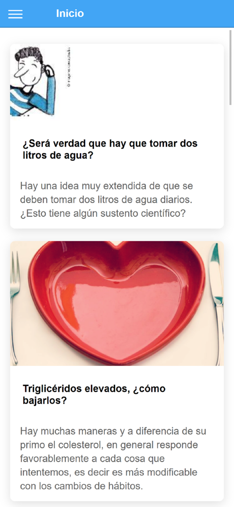 Pantalla de inicio de la aplicación Hospital Italiano Intranet mostrando artículos de noticias de salud para el personal médico