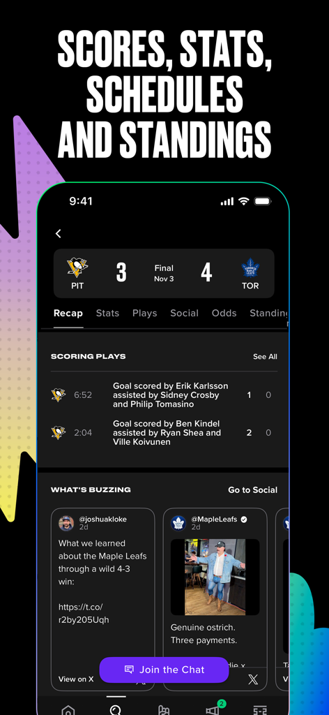 Bleacher Report: Sports News - Aplicativo Bleacher Report mostrando resumo de jogo da NHL com placares, estatísticas, lances de pontuação e atualizações de mídia social para os Penguins e Maple Leafs