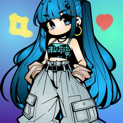 cute anime bad girl with baggy pants and crop top