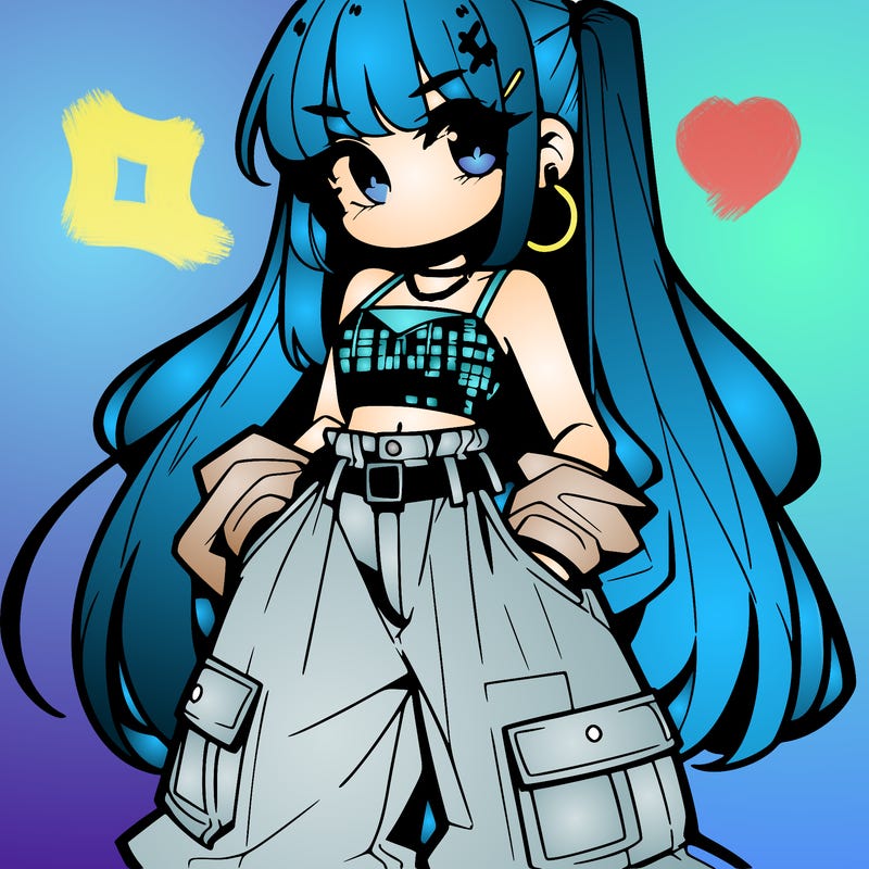 cute anime bad girl with baggy pants and crop top