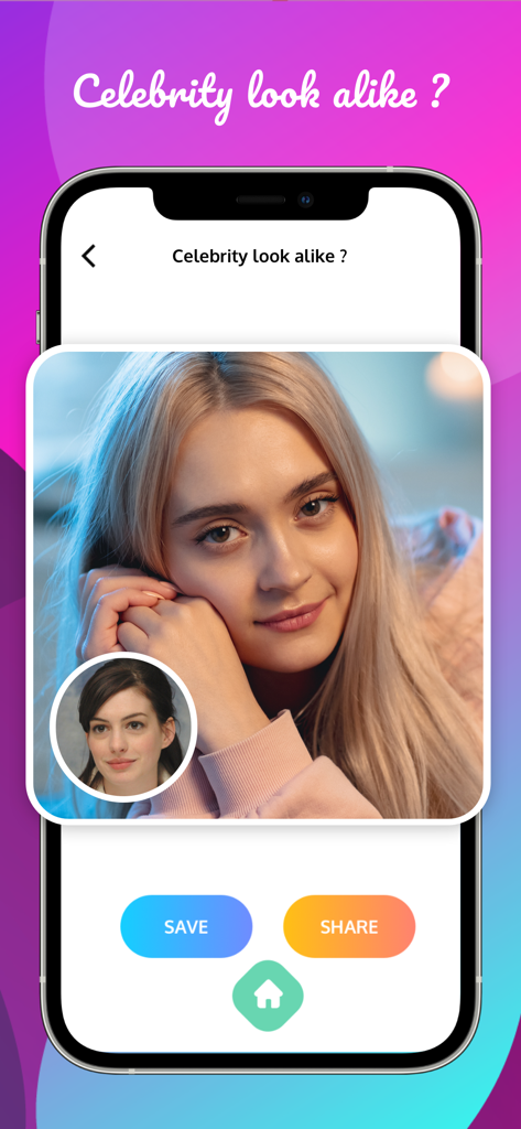 A mobile screen showing the celebrity look-alike feature where a user's photo is matched with a celebrity face.