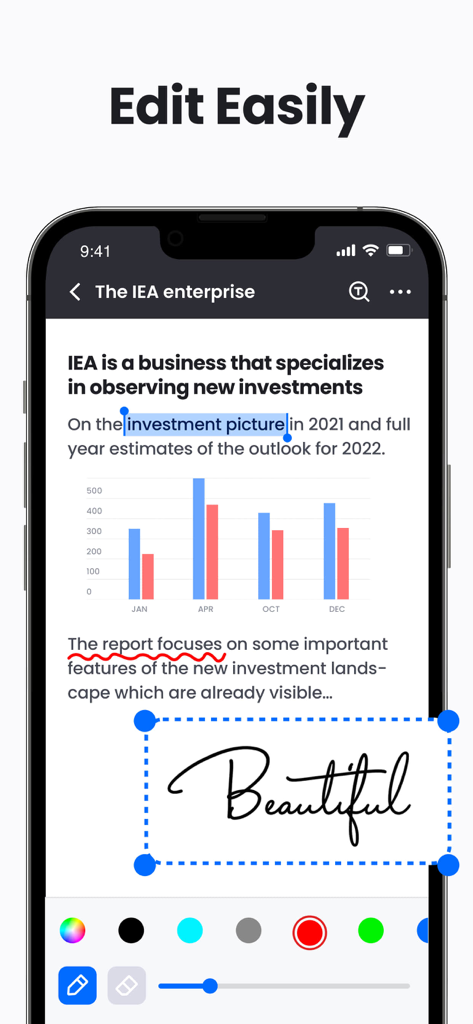 PDF Reader & PDF Editor - テキストハイライトと追加された署名が表示されたPDFドキュメントを示すiPhone画面