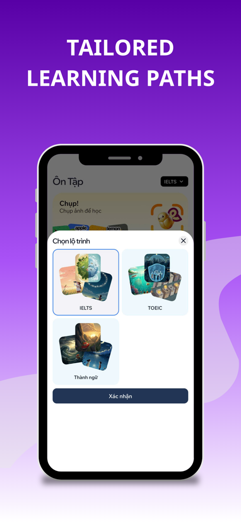 Dot Speak: Your English Coach - Menu de seleção para caminhos de aprendizado de inglês personalizados, incluindo IELTS e TOEIC na tela do aplicativo Dot Speak.
