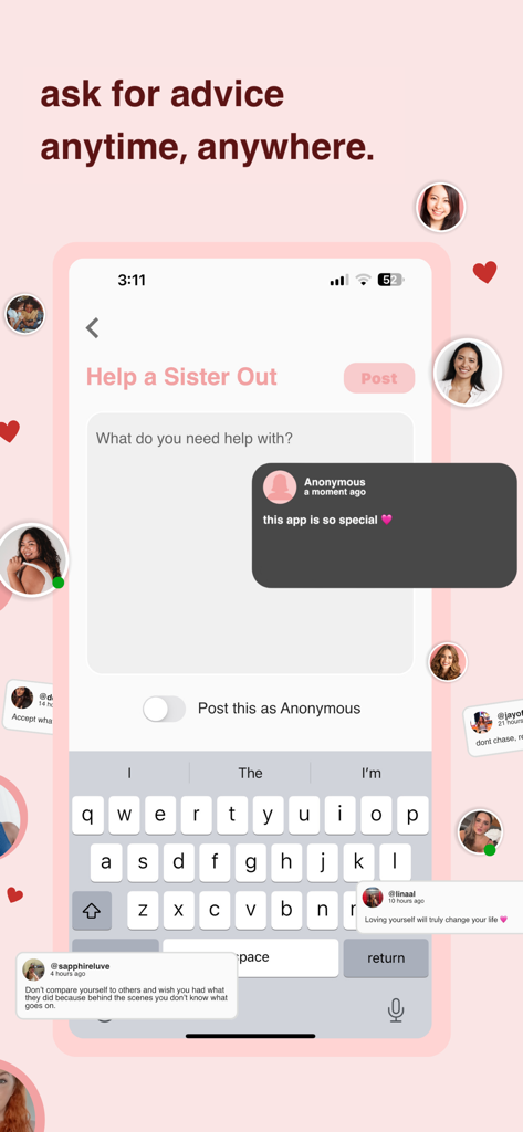 HerHelp app screen for asking community advice anonymously