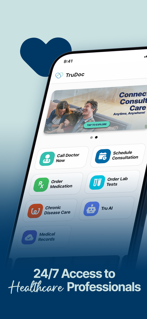 TruDoc mobile app home screen showing access to doctors and health services