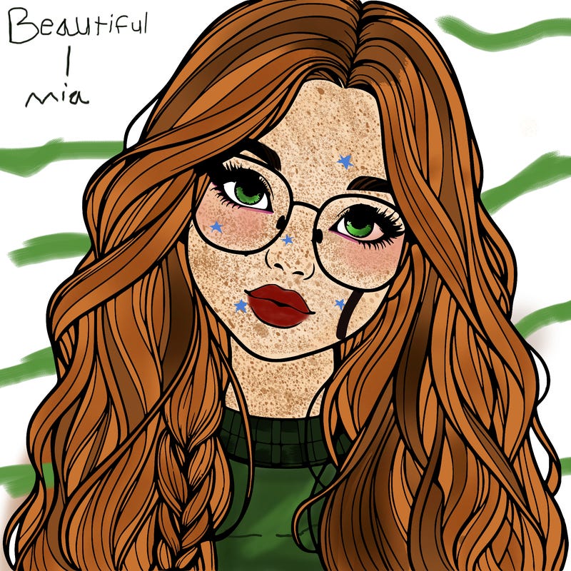 girl with long hair and freckles and glasses realistic