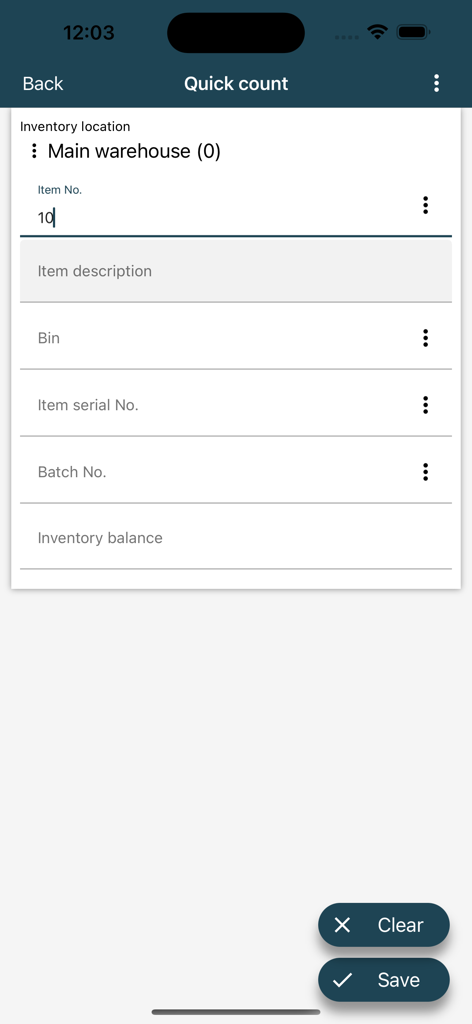 Jeeves ERP - Jeeves ERP mobile interface showing a quick count screen for warehouse inventory management with fields for item number and serial number.