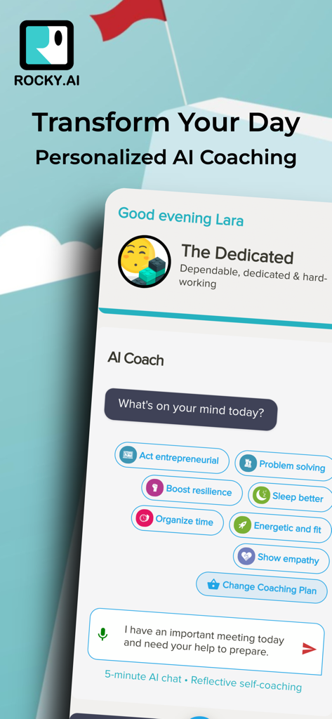 Screenshot der Rocky KI-Coach App, die eine personalisierte Chat-Oberfläche mit Zieloptionen wie unternehmerisches Handeln und Problemlösung zeigt