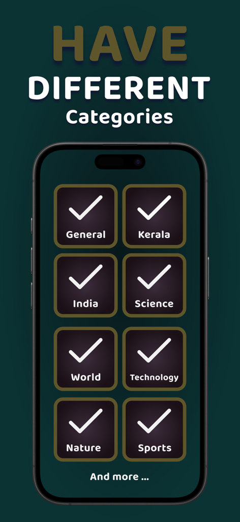 Kodeeshwaran - Malayalam Quiz - A mobile app screen displaying various quiz categories like Kerala and Science