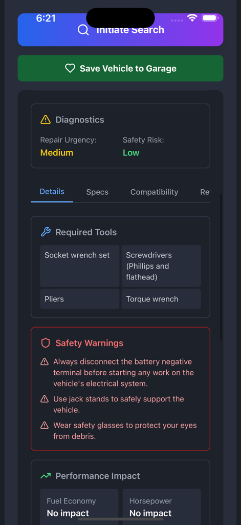 PartSpotter app interface displaying repair diagnostics, required tools, and safety warnings.