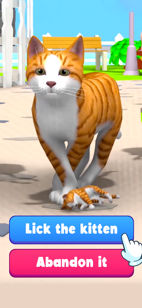 Una escena 3D de Simulador de Vida Felina que muestra un gato atigrado naranja con opciones para lamer o abandonar a un gatito.