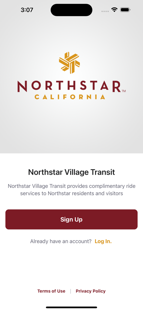 Northstar Village Transit - Welcome screen of the Northstar Village Transit app featuring the Northstar California logo and options to sign up or log in.