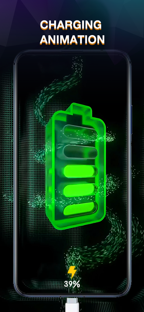 A smartphone screen displaying a 3D green battery with a luminous charging animation and swirling particles