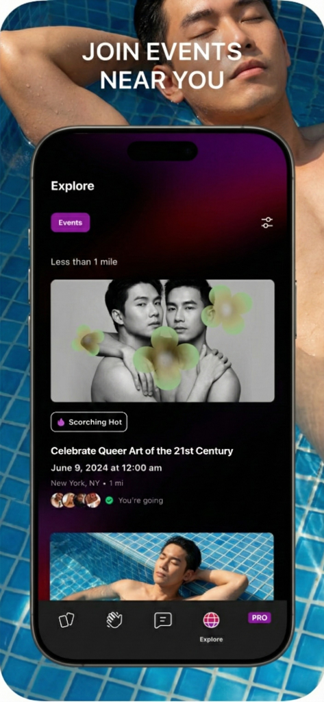 MASQ: AI Gay Dating & Chat - A mobile app interface displaying local gay community events and queer art exhibitions.