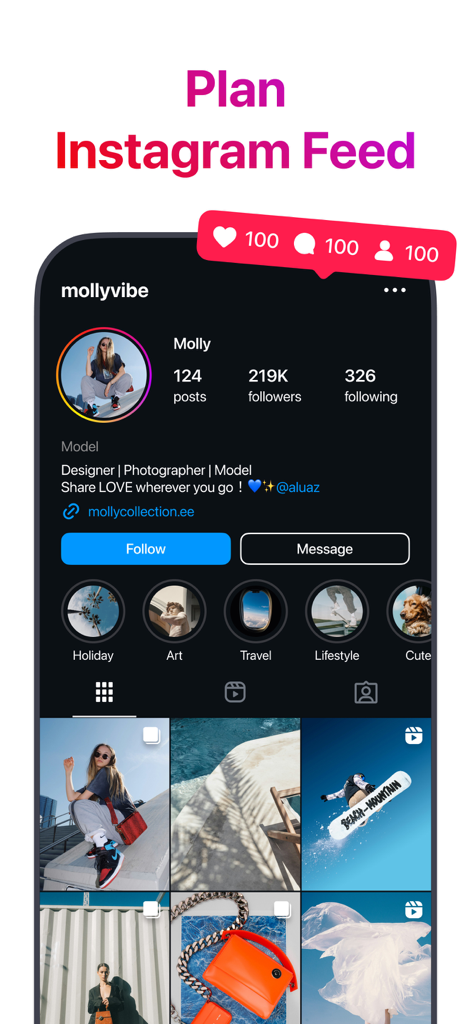 Grid Preview for Instagram - Interface de aplicativo móvel mostrando uma pré-visualização em modo escuro de um layout de feed do Instagram curado