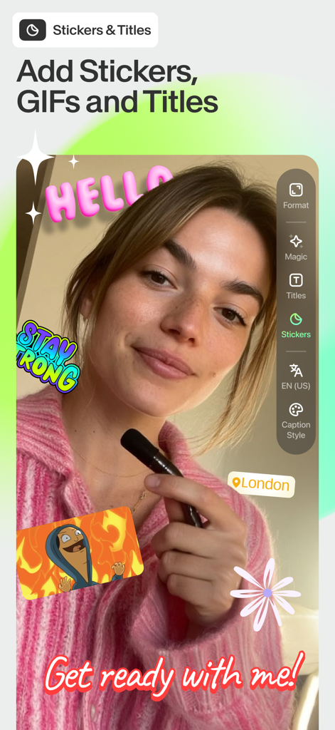 VEED Shorts: AI videos - Young woman using the VEED Shorts app to add colorful stickers, GIFs, and animated titles to her video content.