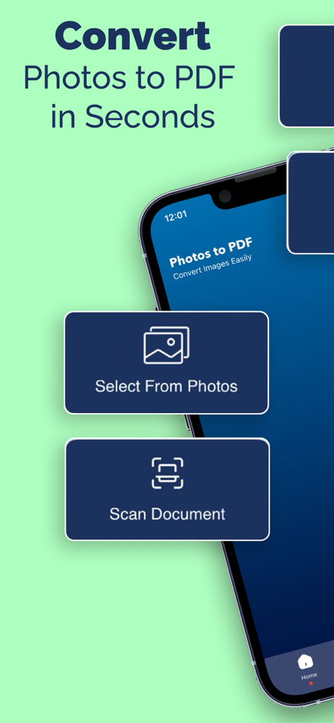 PDF Photos - JPG to PDF - Pantalla de la aplicación móvil que muestra opciones para convertir fotos a PDF y escanear documentos