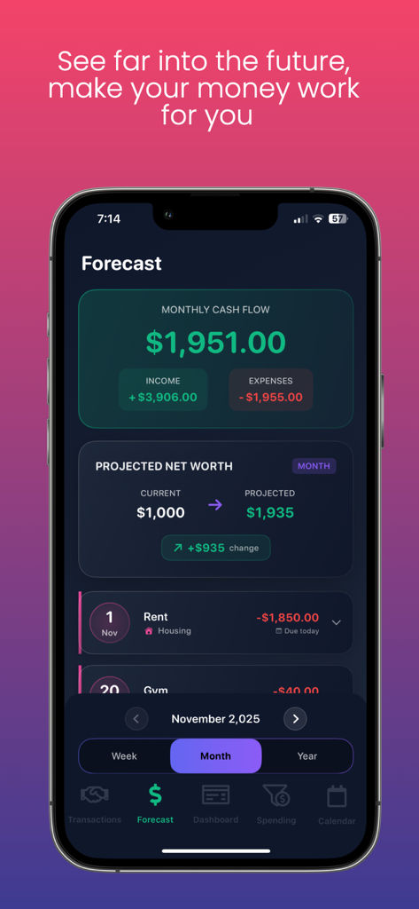 LongMoney - LongMoney app interface showing a monthly cash flow forecast and projected net worth dashboard