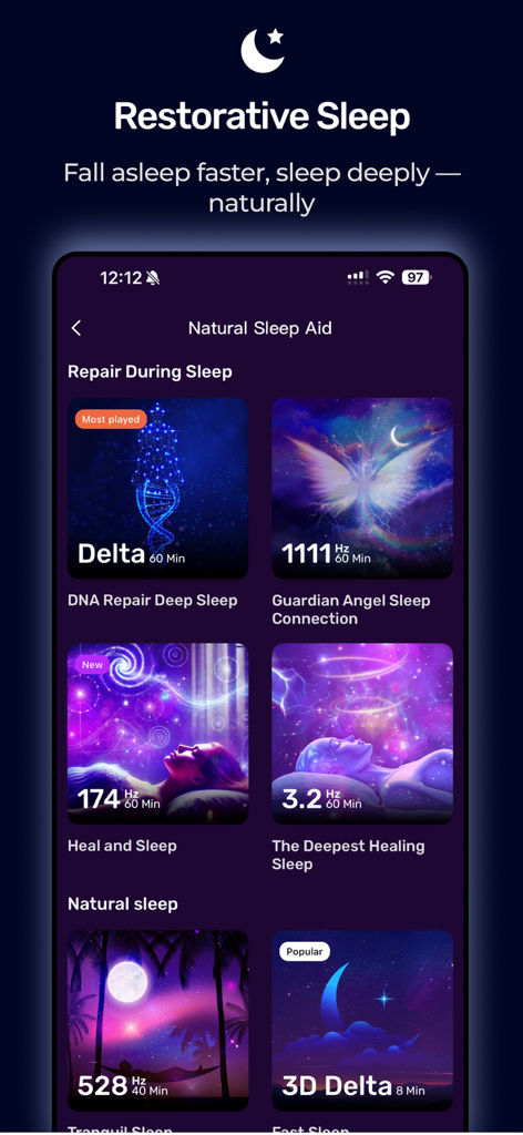 Frequency: Healing Sounds - Interface of Frequency Healing Sounds app showcasing natural sleep aid tracks for restorative sleep.