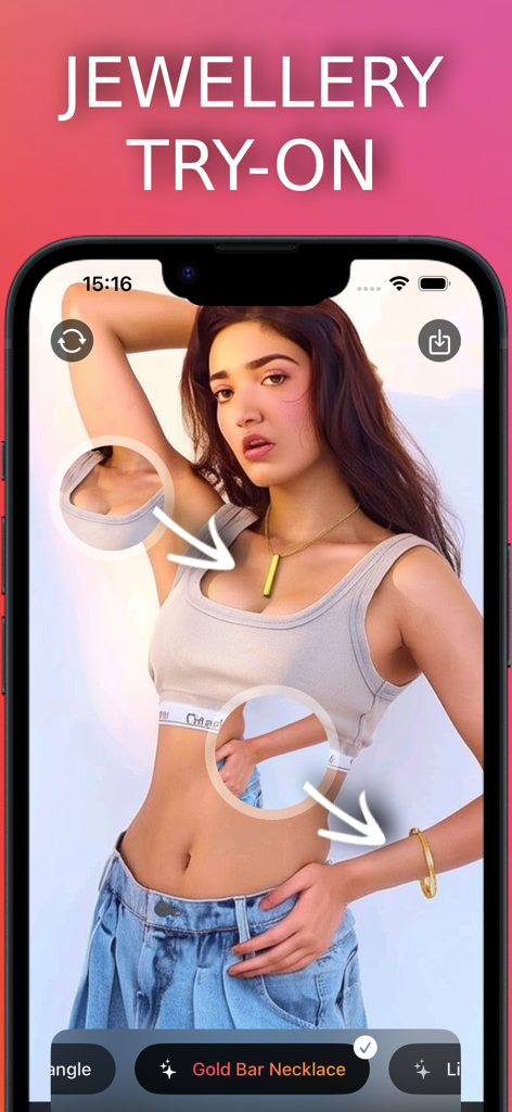 Body Editor Ai - Beauty Camera - A woman using the Body Editor Ai app to virtually try on a gold bar necklace and gold bracelet.