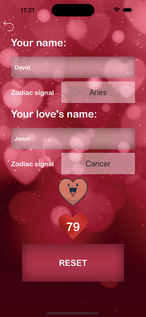 Love calculator compatibility - Interface of the Love calculator app showing a 79 percent compatibility result between David and Jenni using their zodiac signs