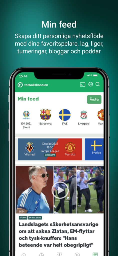 Fotbollskanalen - Interfaz de la aplicación Fotbollskanalen mostrando un feed de noticias personalizado con equipos de fútbol favoritos y horarios de partidos.