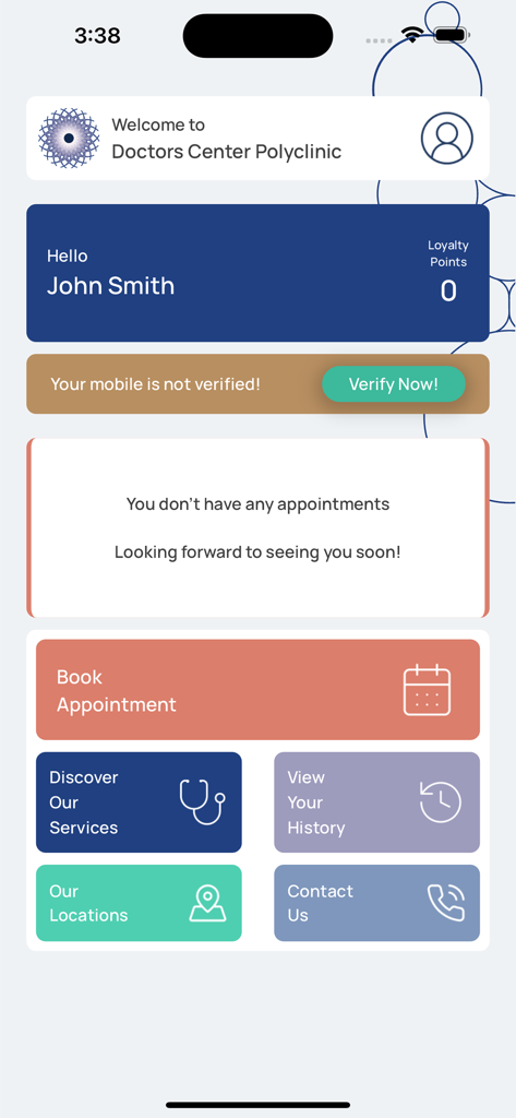 Dashboard of the Doctors Center Polyclinic app showing a user profile and menu options for booking appointments and viewing medical history