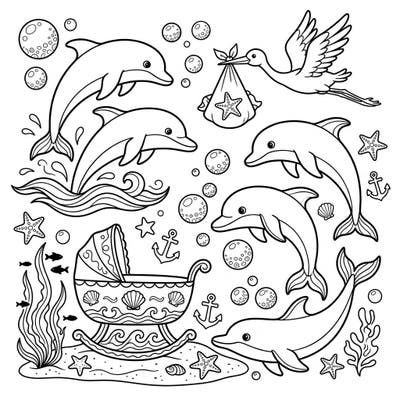 Welcome a new little one with this delightful coloring page featuring playful dolphin pods amidst a charming ocean-themed baby shower. Explore cute details like a stork, a seashell-decorated bassinet, and underwater friends, perfect for adding your creative flair.