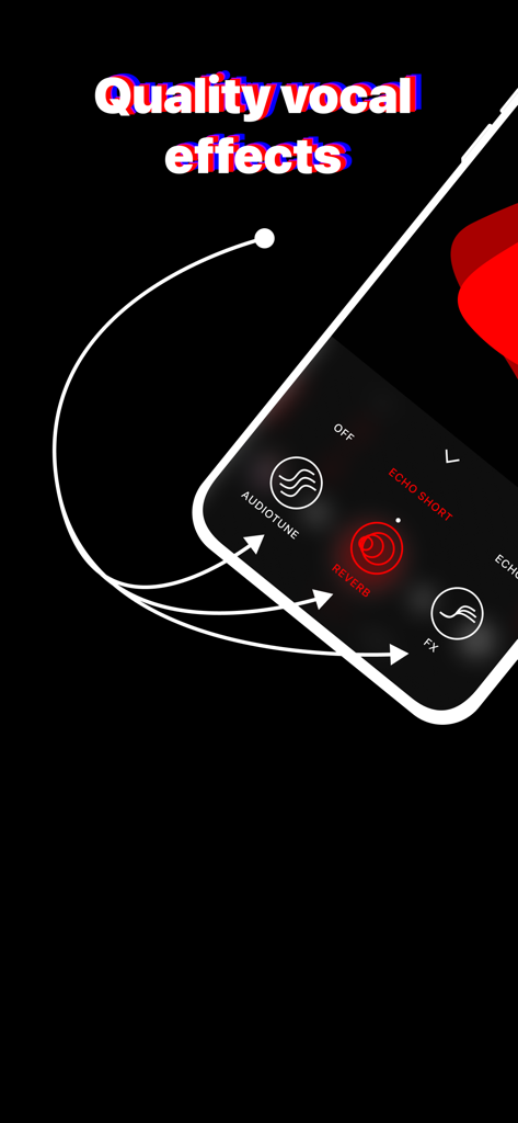 Vocal Tune: Recording Studio - Smartphone-Bildschirm mit hochwertigen Gesangseffekten wie Audiotune und Reverb in der Vocal Tune App.