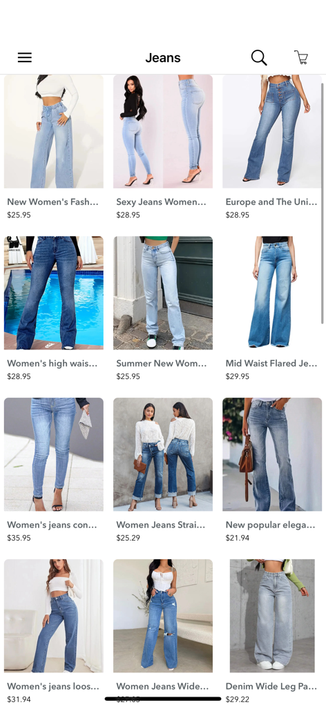 Top Fashion Clothing Shopping - Gitteransicht von trendigen Damen-Jeans-Styles und Preisen in der Top Fashion Clothing Shopping App