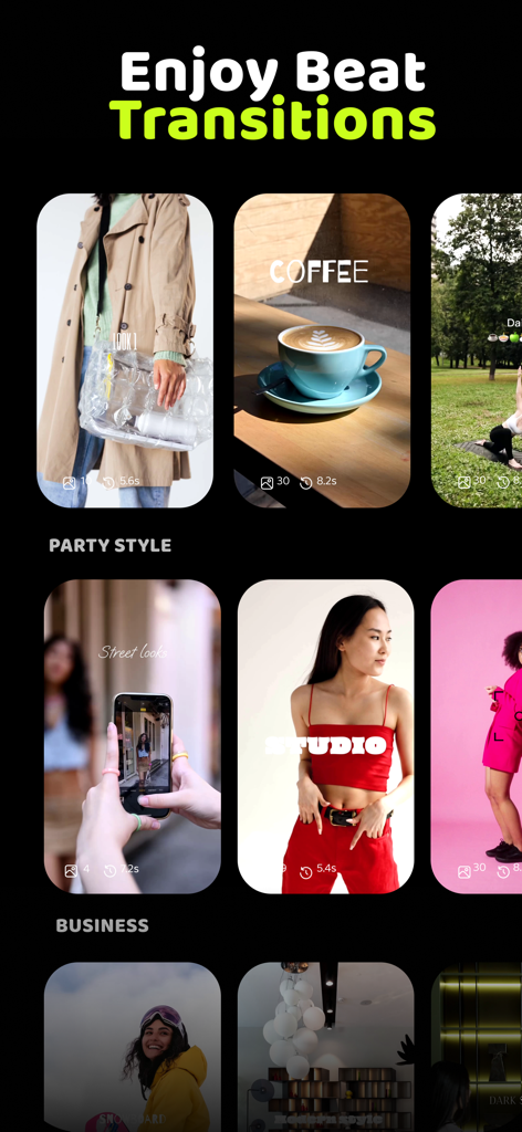 Unreels: Reel Video Editor - A display of beat-synchronized video templates for reels in the Unreels app.