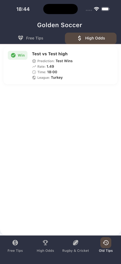 Golden Soccer Bet Predictions - Interface of the Golden Soccer Bet Predictions app showing a winning match history card under the old tips section