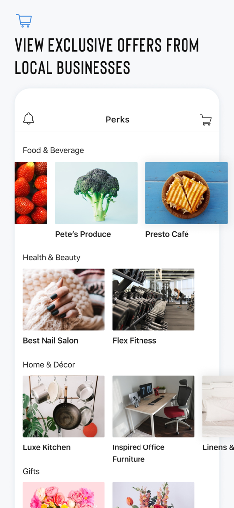 Resident Experience - Écran de l'application Expérience Résidentielle montrant des offres exclusives d'entreprises locales et des avantages communautaires