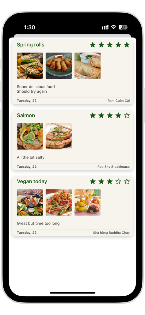 Food Lover Diary - Entradas de comidas con fotos y calificaciones en la aplicación Food Lover Diary.